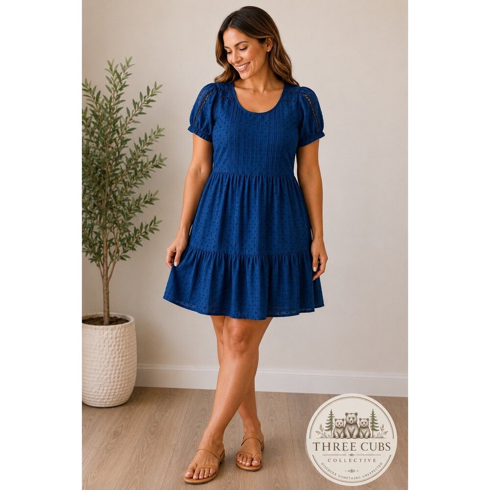 LOFT Navy Blue Eyelet Dress Size 8 – Excellent– Puff Sleeve, Feminine & Flowy